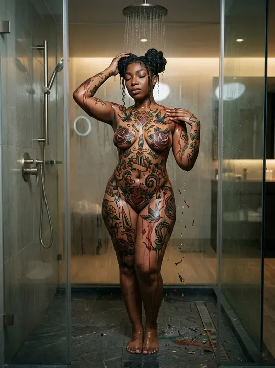 AI image: Washing off body paint in a glass shower