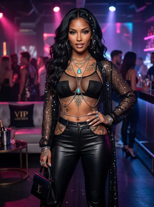 AI image: In a nightclub VIP section in leather trousers