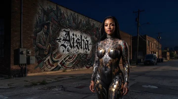 AI image: Silver and black body paint before a street mural lettered with her name, at night