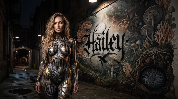 AI image: Silver body paint before a mushroom mural lettered with her name