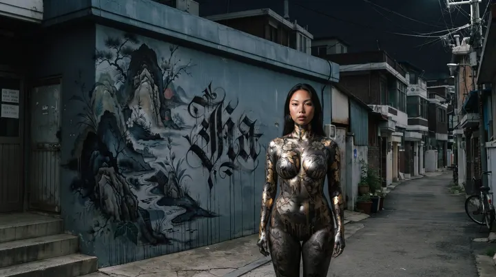 AI image: Bronze body paint before an ink-landscape mural lettered with her name, at night
