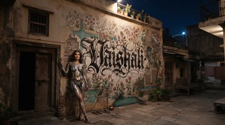 AI image: Silver body paint beside a floral mural lettered with her name