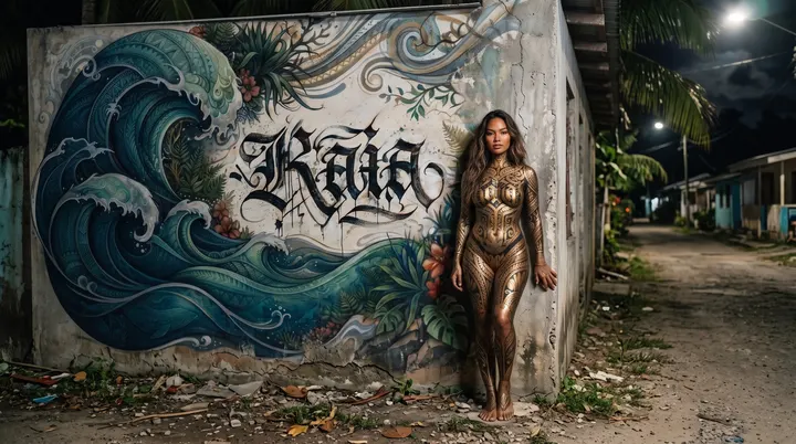 AI image: Gold body paint beside a wave mural lettered with her name