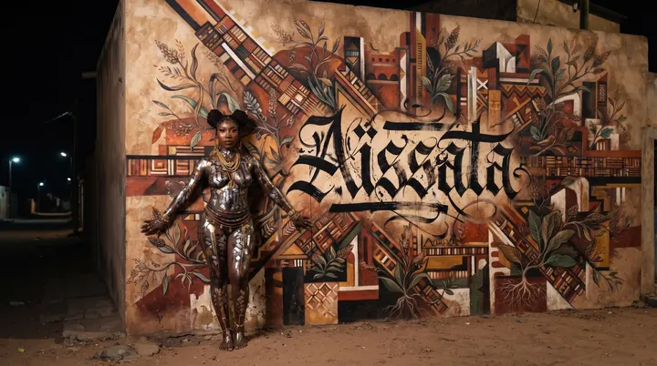 AI image: Copper body paint before a geometric mural lettered with her name