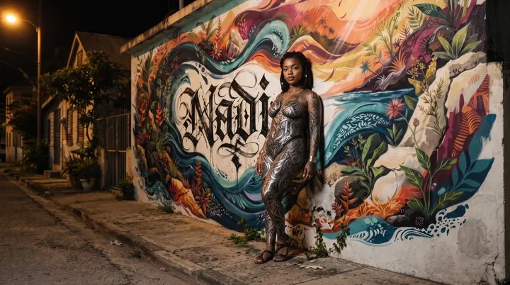 AI image: Silver body paint before a bright painted mural lettered with her name