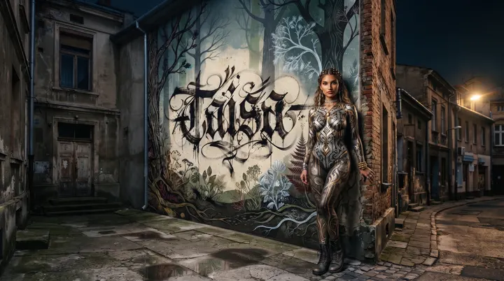 AI image: Silver body paint beside a forest mural lettered with her name