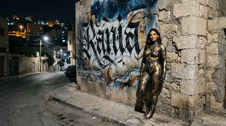 AI image: Bronze body paint beside a stone wall lettered with her name