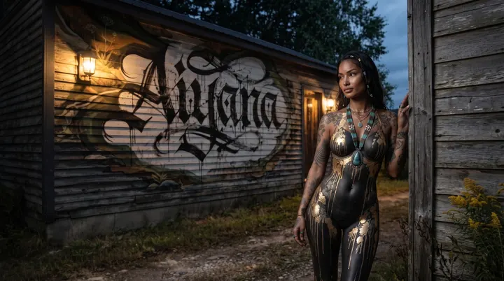 AI image: Silver body paint beside a wooden wall lettered with her name