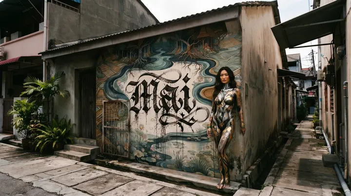 AI image: Silver body paint in an alley beside a mural lettered with her name