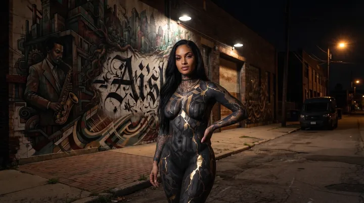 AI image: Gold and black body paint on a night street, her name lettered on the mural behind