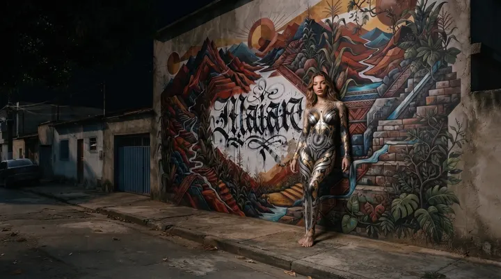 AI image: Silver body paint before a brick-pattern mural lettered with her name