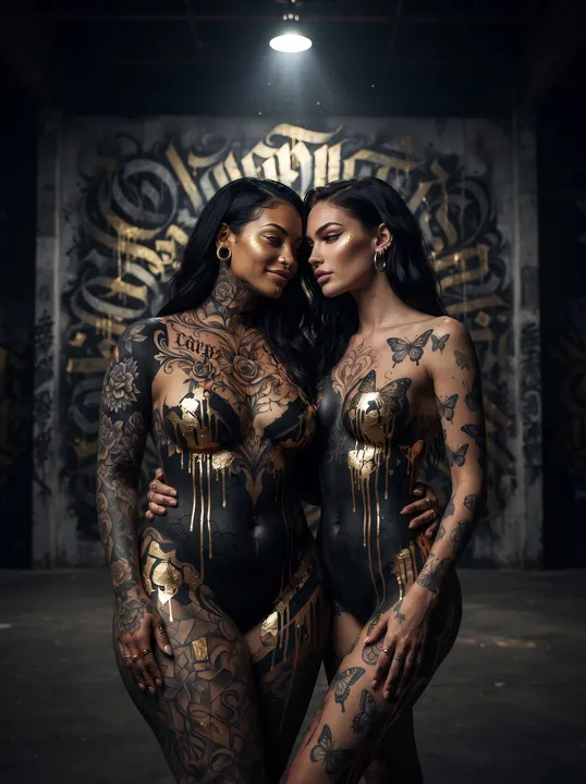 AI image: Two women in gold and black lettered body paint under a warehouse spotlight