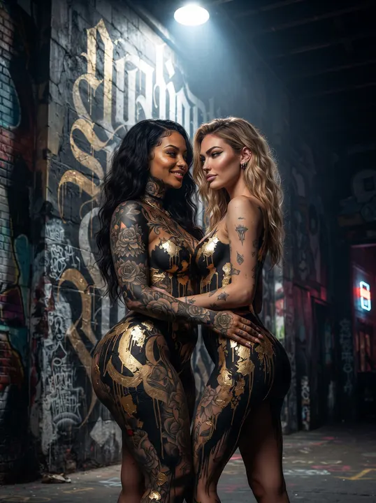 AI image: Two women in gold calligraffiti body paint embracing in a graffiti warehouse