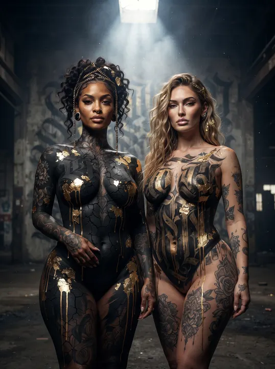 AI image: Two women side by side in gold and black calligraffiti body paint