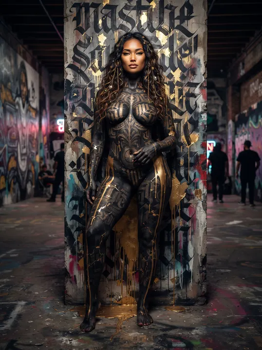AI image: Black and gold body paint before a lettered pillar, gold pooling at her feet