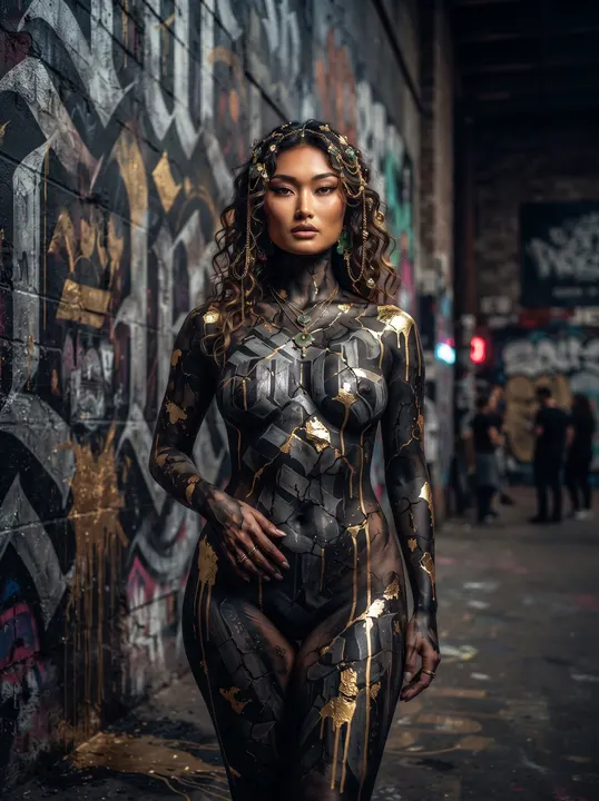 AI image: Black and silver lettered body paint against a graffiti wall