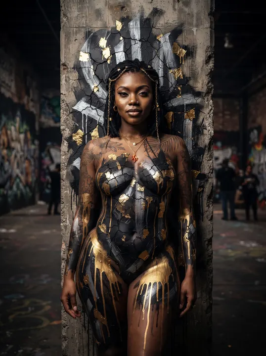 AI image: Black, silver and gold body paint against a cracked lettered pillar