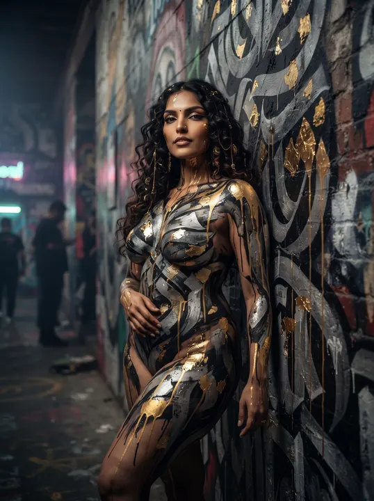 AI image: Silver and black lettered body paint, leaning on a graffiti wall