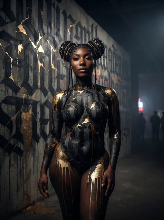 AI image: Black and gold body paint in a misty warehouse
