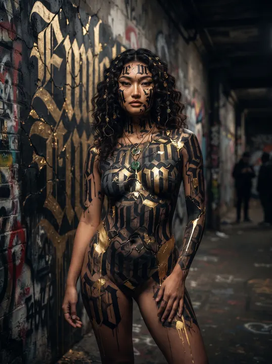 AI image: Lettering painted across her face and body before a gold-lettered wall