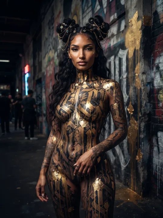 AI image: Gold and black lettered body paint in a graffiti warehouse