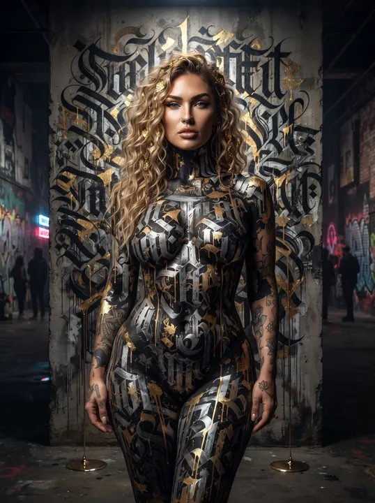AI image: Silver and gold lettered body paint before a calligraffiti wall