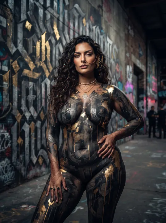 AI image: Black and silver lettered body paint, hand on hip, in a graffiti warehouse