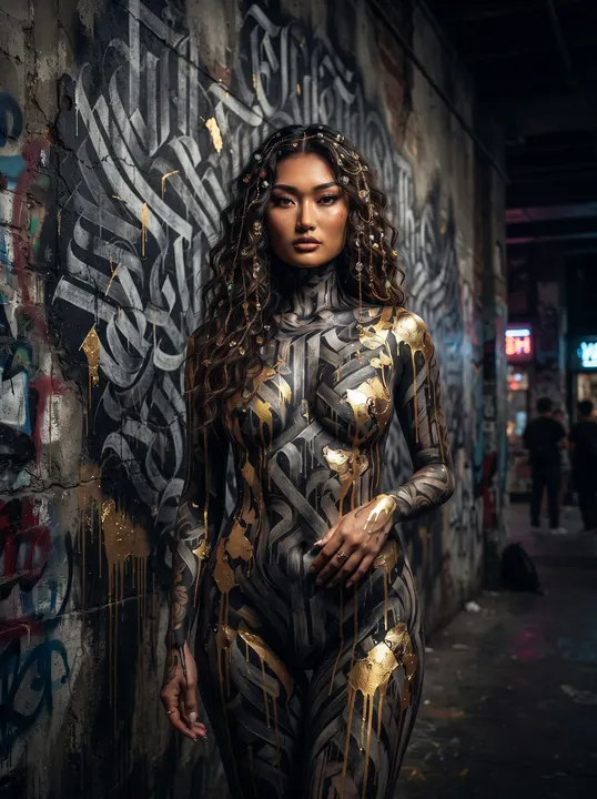 AI image: Silver and gold lettered body paint against a calligraffiti wall