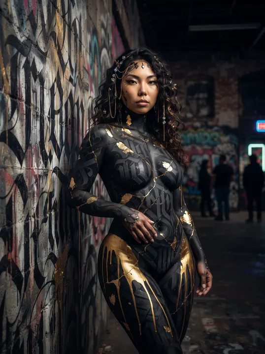 AI image: Black body paint with gold drips against a lettered wall