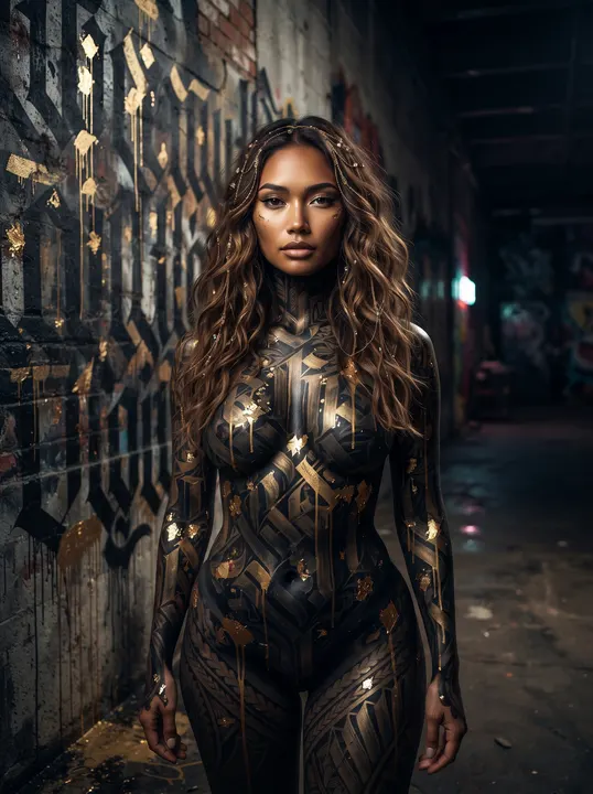 AI image: Gold and black lettered body paint in a graffiti warehouse