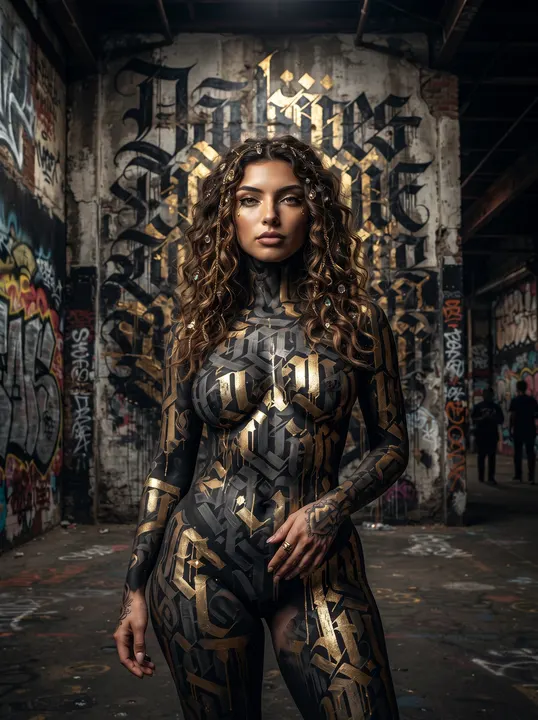 AI image: Gold and black lettered body paint before a calligraffiti wall