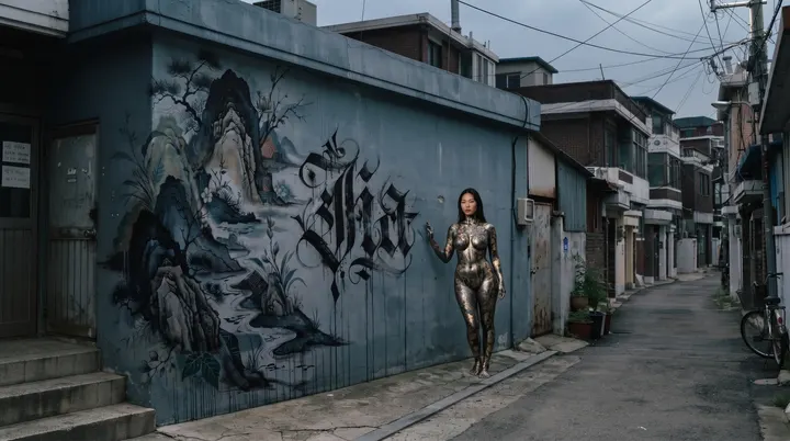 AI image: The same mural in daylight, her hand on the wall