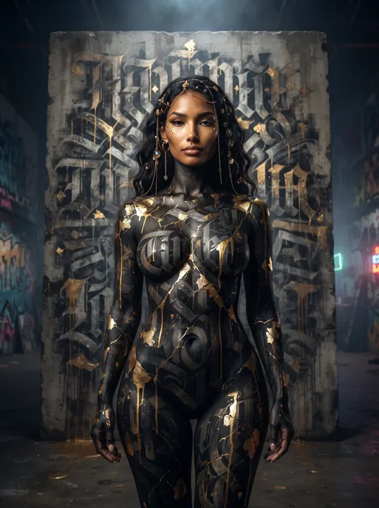AI image: Gold leaf over black lettered body paint before a calligraffiti wall