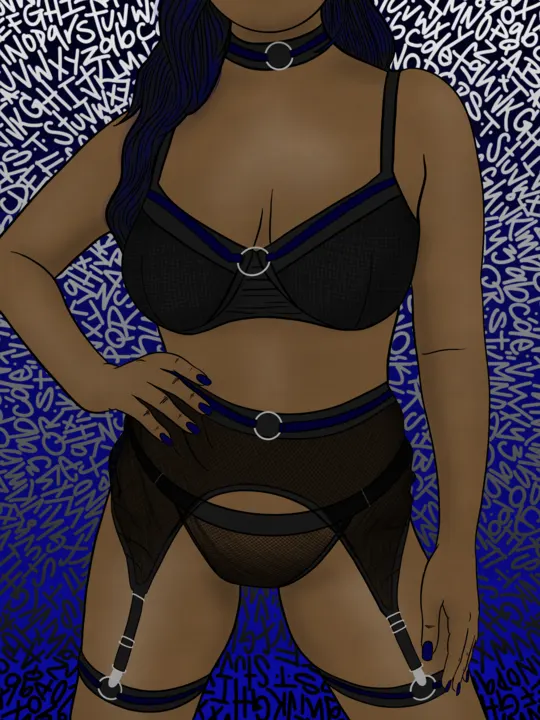 Drawing of a figure in black and blue lingerie and a choker, against blue lettering