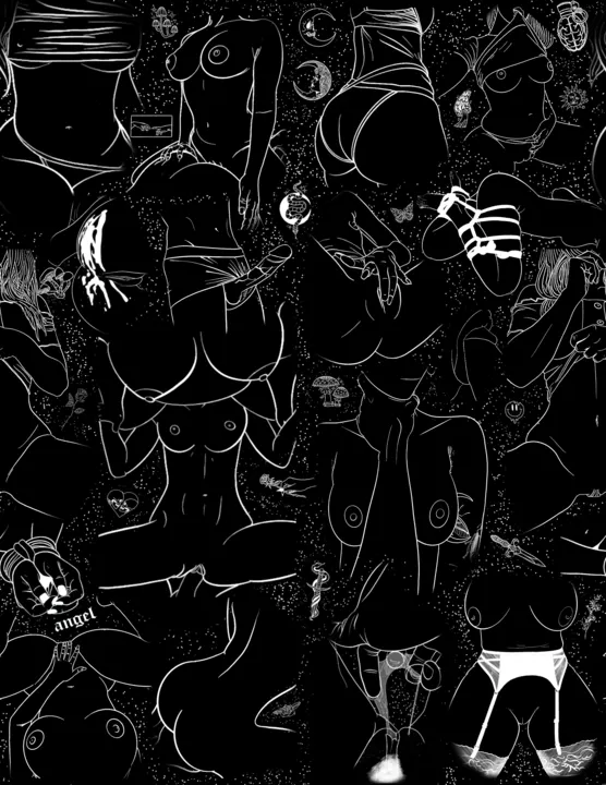 The body collage redrawn as white outlines on black