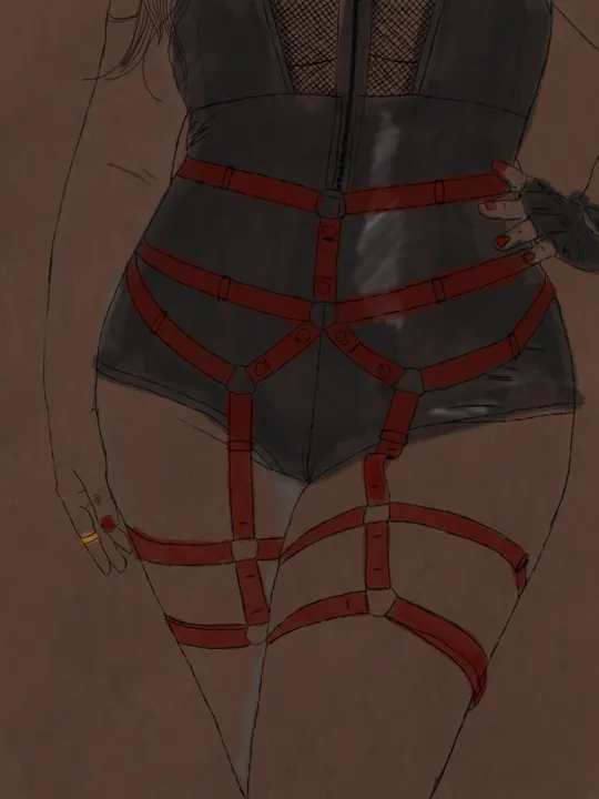 Drawing of a figure's torso in a red strap harness and sheer black lingerie
