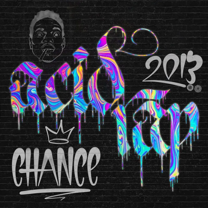 Acid Rap in dripping holographic letters with a sketched portrait and the word Chance
