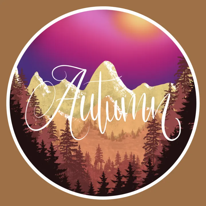 Autumn lettered over pink mountains and pine trees, in a circle badge