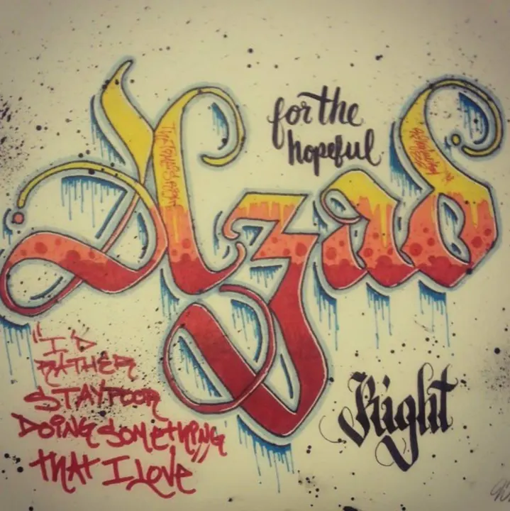 Azad in yellow and red blackletter with drips, with the lines for the hopeful, Night, and I'd rather stay poor doing something that I love