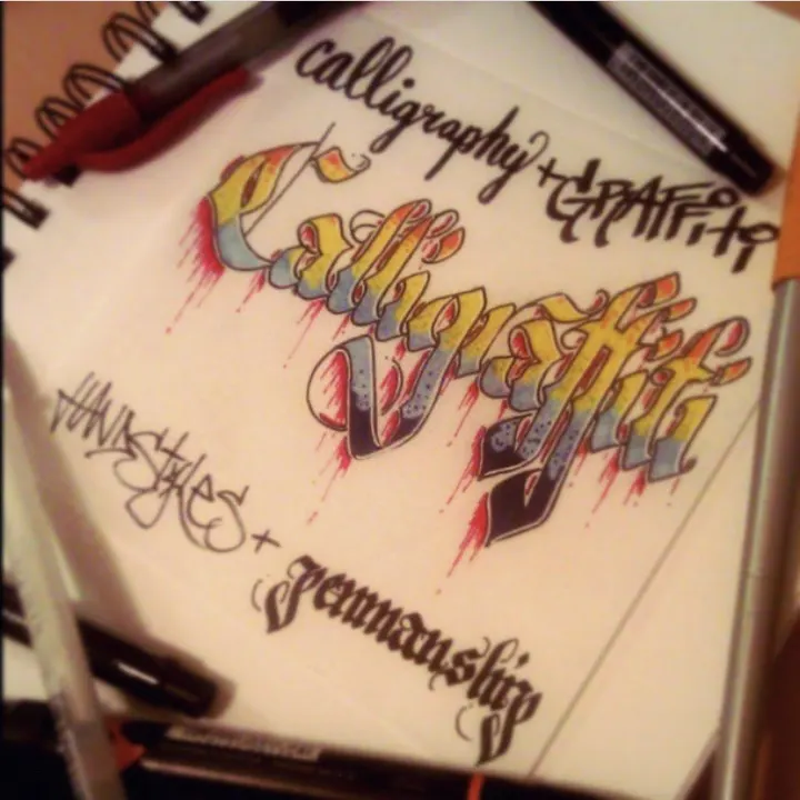 Calligraffiti lettered in gold, orange and silver under the words calligraphy + graffiti, with markers around it