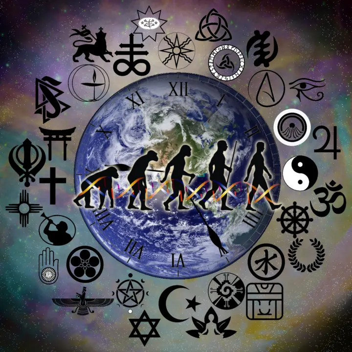 The march of human evolution across the Earth, ringed by religious symbols