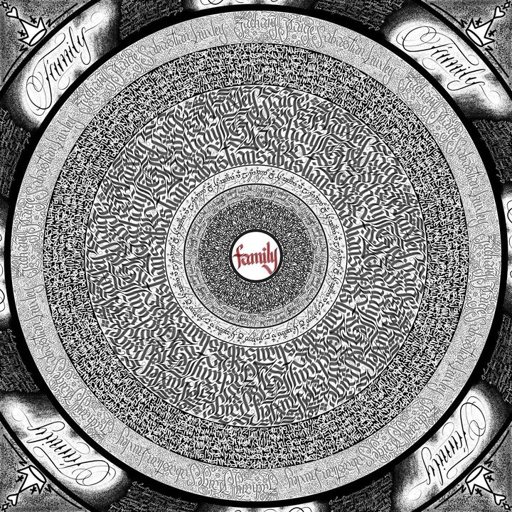 A word mandala: ring after ring of tiny lettering around the word family
