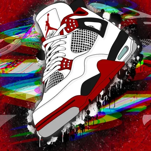 A white and red Jordan 4 over red spray paint and glitch
