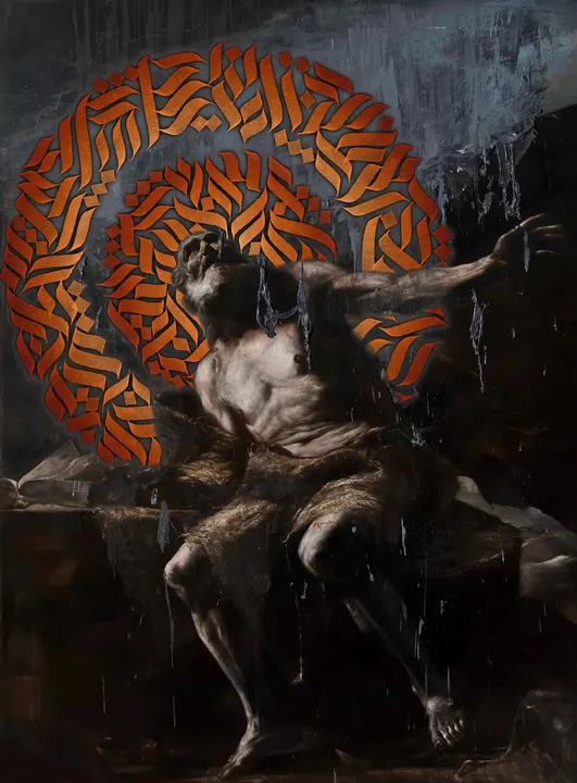 A dark painted figure seated before a halo of orange lettering