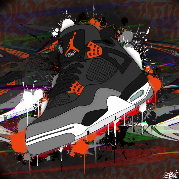 A black and red Jordan 4 with paint drips and splatter
