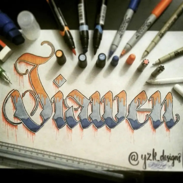 Jiawen in orange and blue blackletter with drips, surrounded by paint markers and a ruler