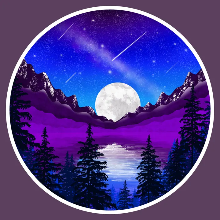 A full moon over purple mountains and a lake, in a circle badge