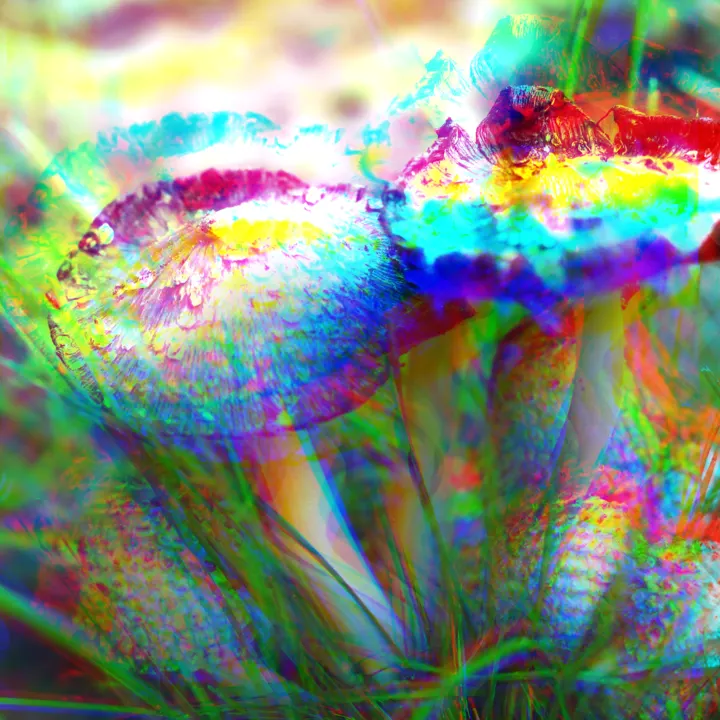 Close-up of mushroom caps in the grass, edited with rainbow glitch colour