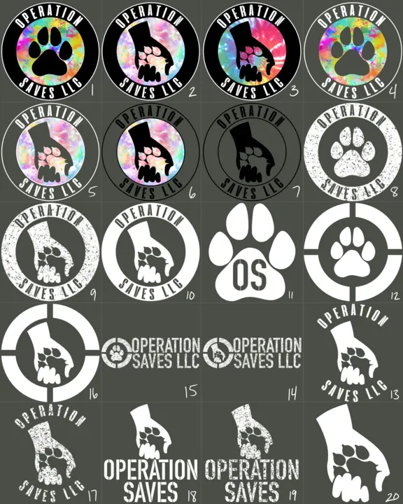 Twenty logo concepts for Operation Saves, an animal rescue: paw prints, hands and round badges in black and white