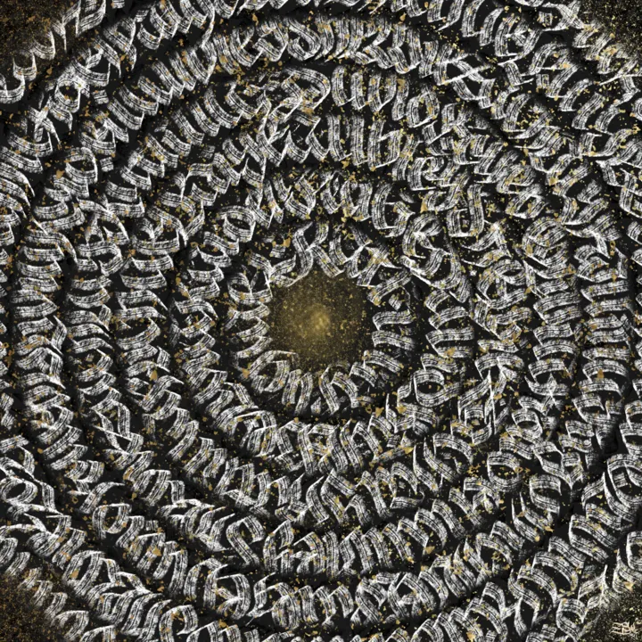 Concentric rings of white blackletter on black, tightening to a gold centre